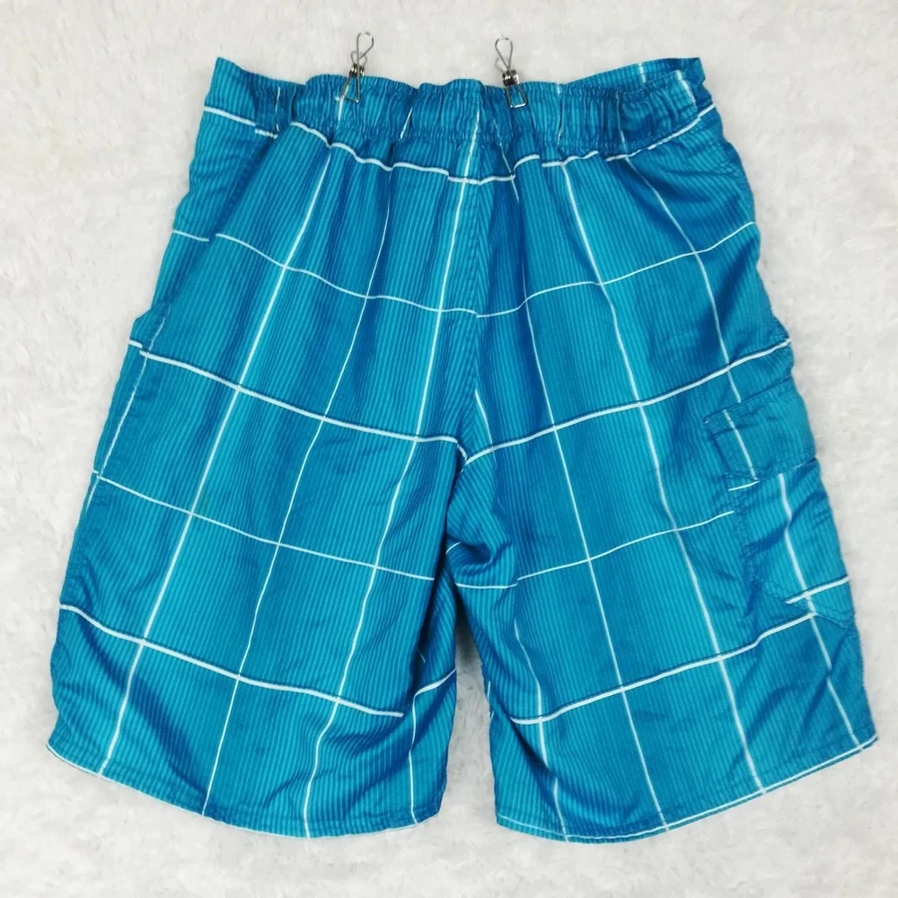 Ocean Pacific OP Mens Swim Shorts  Trunks Cargo Pockets Teal Blue Grid M